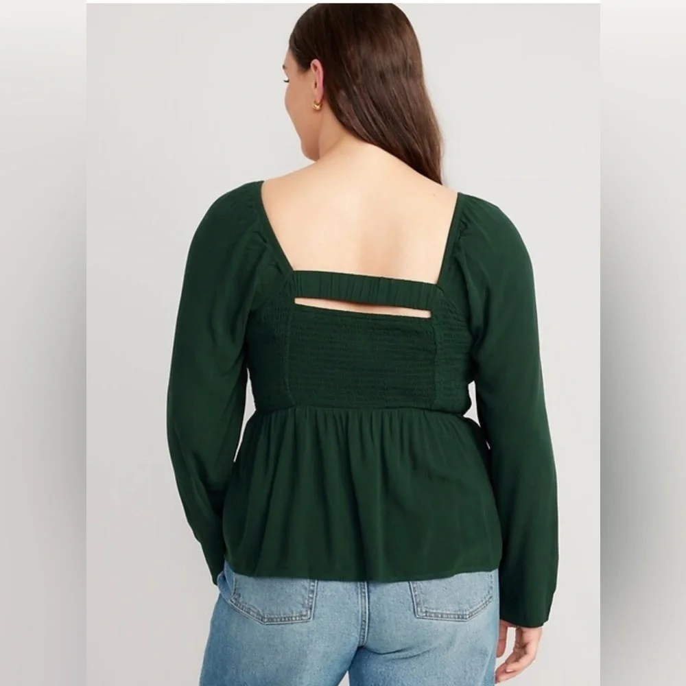 Old Navy Long Sleeve Smocked Peplum Blouse Dark Bottle Green size XXL - Picture 2 of 6